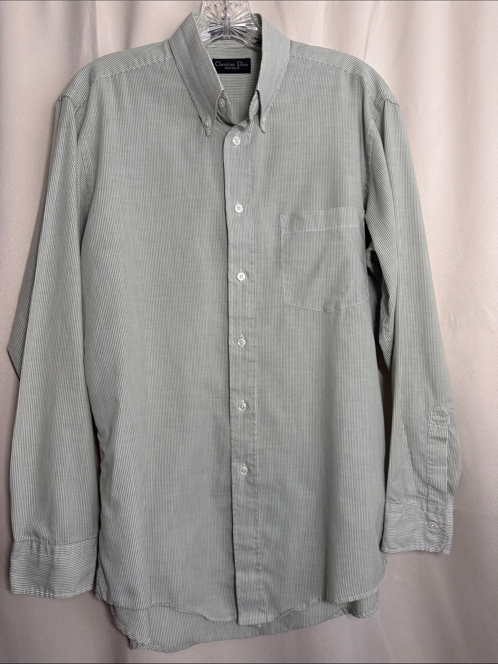 Christian Dior Monsieur Green White Pinstripe Long Sleeve Button Down Shirt 15.5